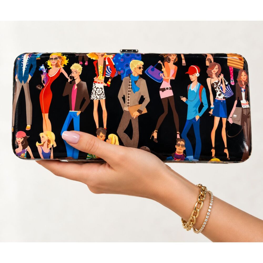 Vintage Fashion Illustration Vinyl Clutch Shiny Black Pop Art Purse